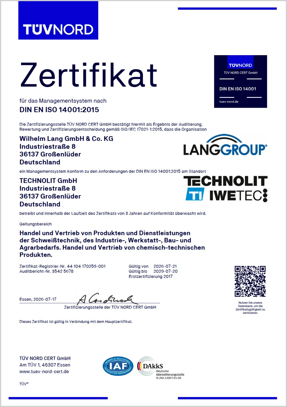 ISO Zertifikat 14001:2015